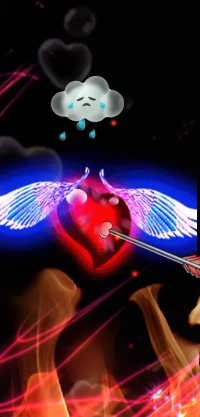 Heart with arrow and flames wallpaper with emotive cloud in dark background.