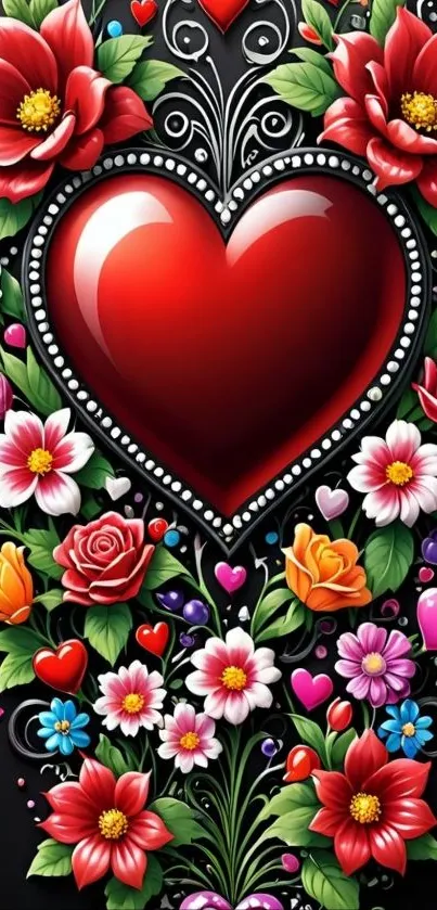 Colorful heart and floral art wallpaper with vibrant flowers.
