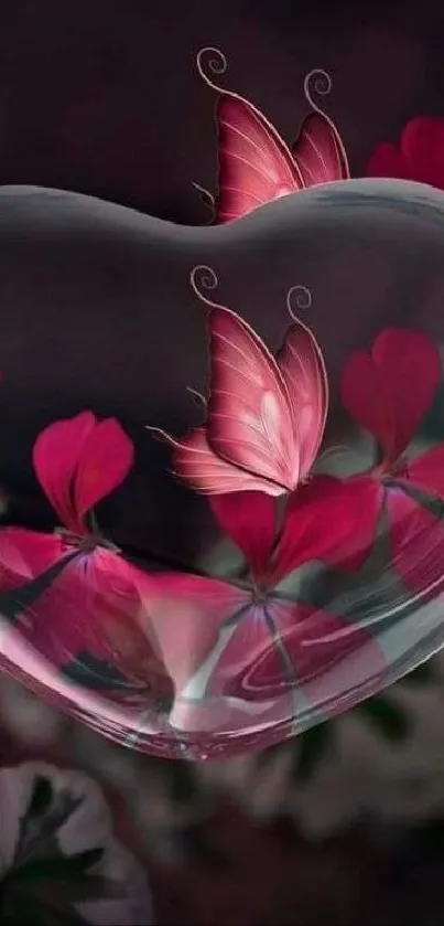 Heart with butterflies and flowers in fantasy wallpaper.