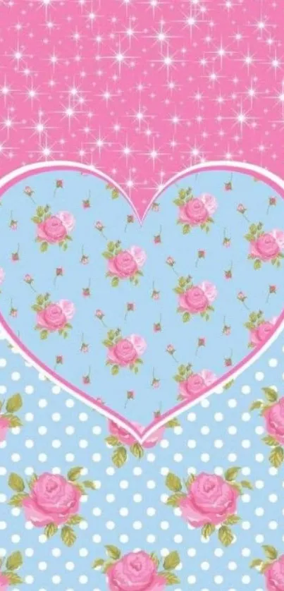 Pastel floral heart wallpaper with pink and blue design.