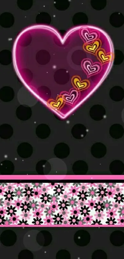 Neon heart and floral wallpaper with black background.