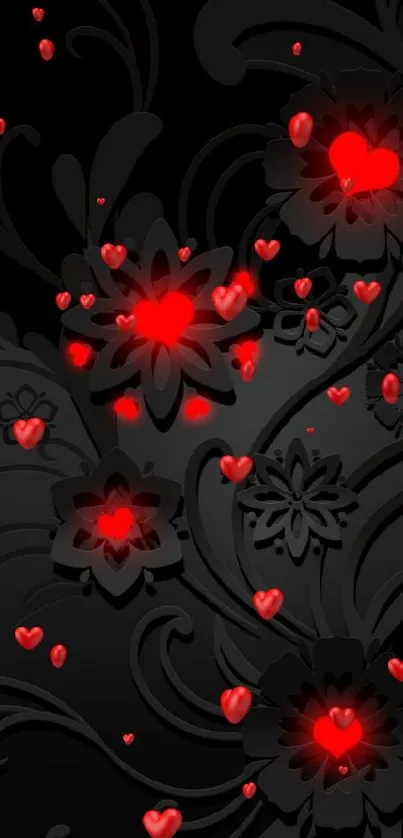 Black floral wallpaper with glowing red hearts.