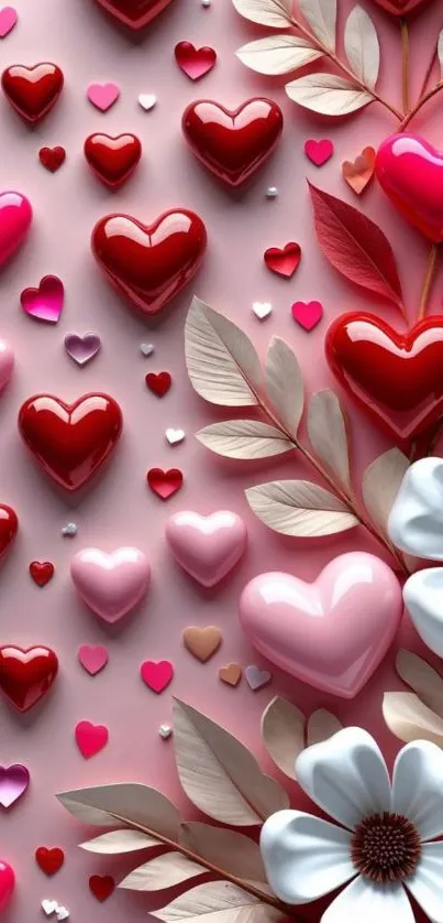 A romantic wallpaper with hearts and floral design in pink and red tones.