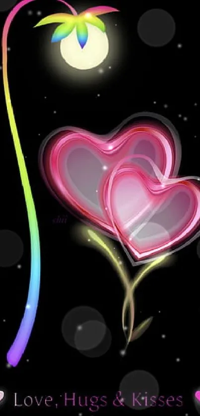 Glowing hearts and flower neon wallpaper with black background.