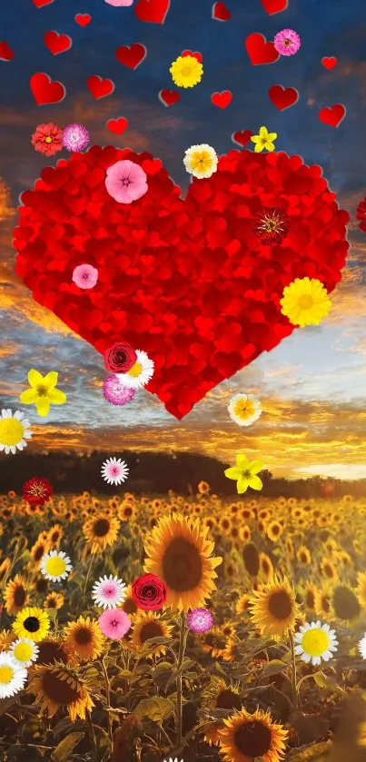 Mobile wallpaper with a heart of red petals, colorful flowers, and a sunset over a sunflower field.