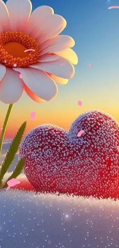 Colorful wallpaper with a daisy and snow-covered heart at sunrise.