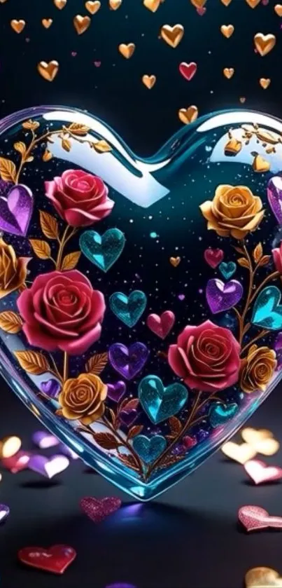 Heart-shaped design with colorful roses and vibrant hearts.