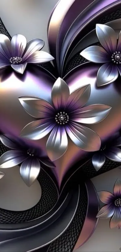 3D metallic heart with floral design wallpaper