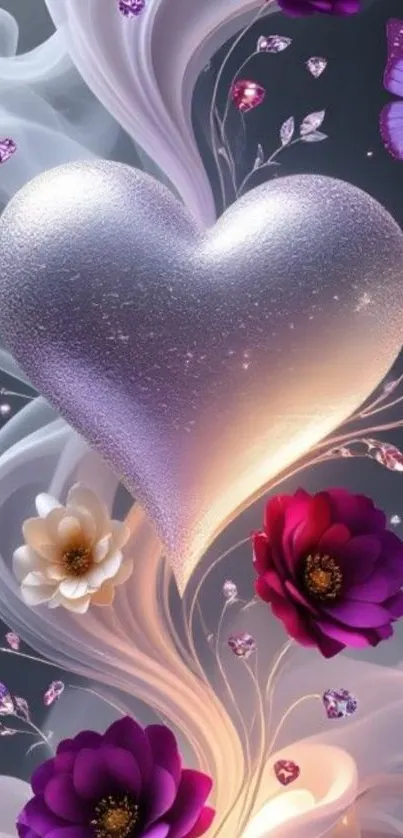 Silver heart with flowers and butterflies in fantasy art.