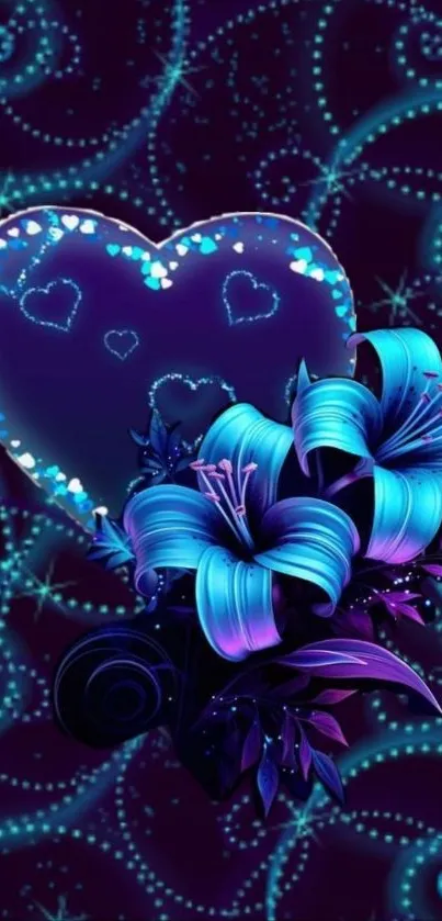 Neon heart and flowers wallpaper with glowing effects.