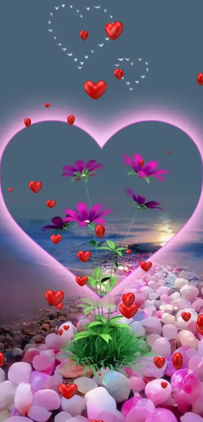 Romantic heart and floral mobile wallpaper with vibrant colors and seaside backdrop.