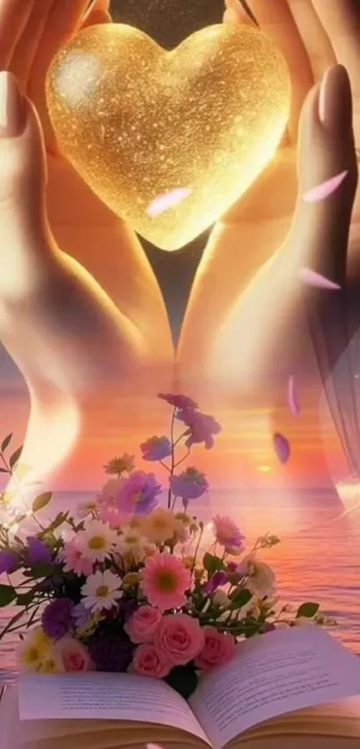 Hands holding a glowing heart over flowers and sunset ocean.