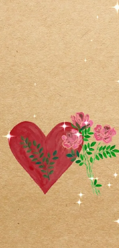 Red heart with pink flowers on a beige background.