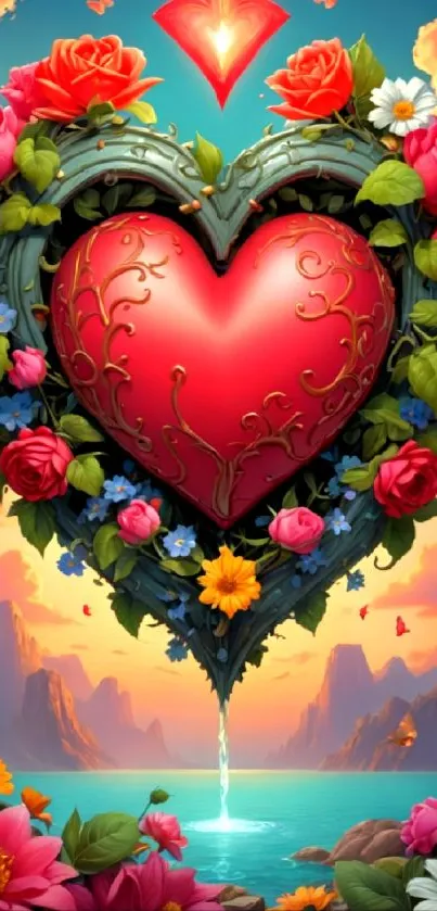 Heart surrounded by vibrant flowers with a scenic backdrop.