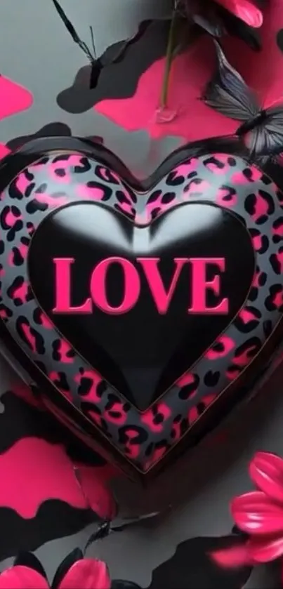 Heart-shaped love balloon with flowers and pink butterfly.