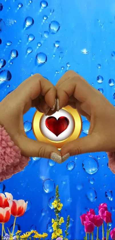 Heart formed by hands with flowers and raindrops on blue background.