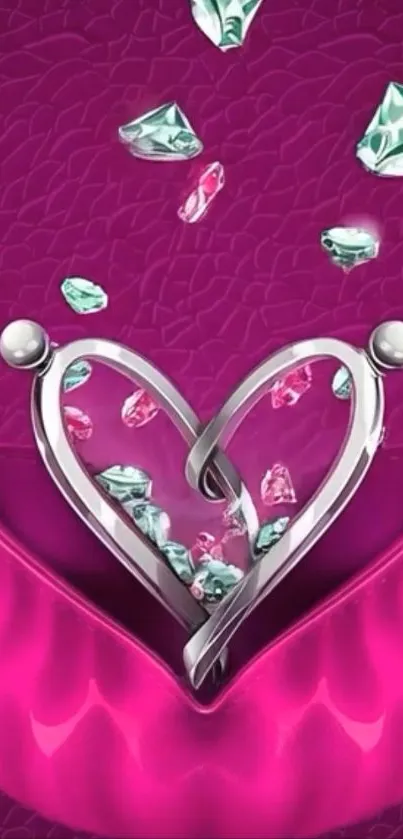 Heart-shaped design with gems on purple background wallpaper.