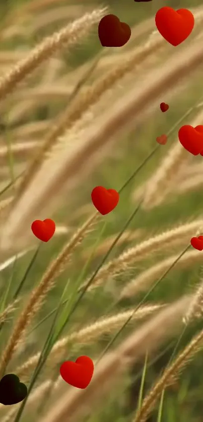 Red hearts float in a green field.