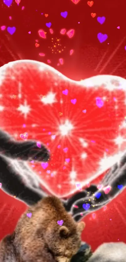 Hands holding a sparkling heart on a red background.