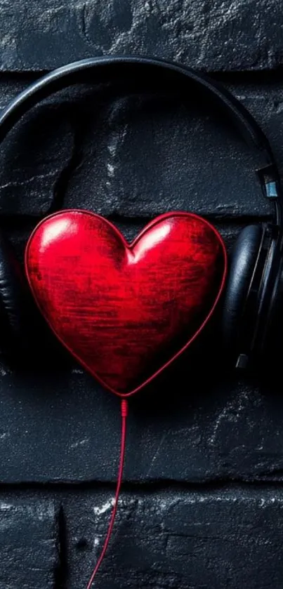 Red heart with headphones on a black brick wall background.