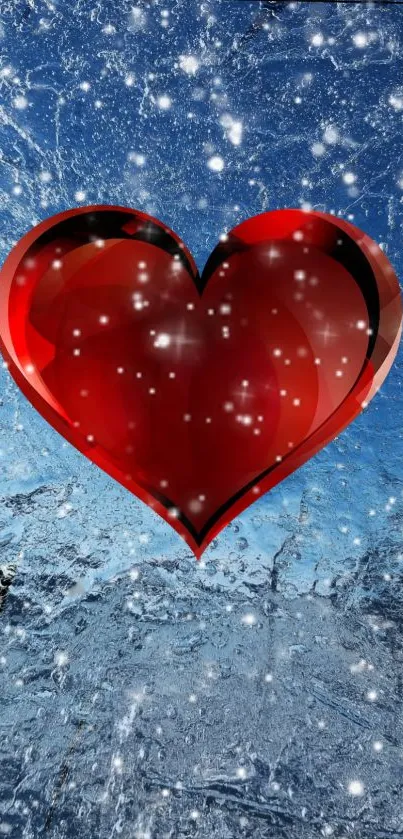 Red heart on icy blue background wallpaper.