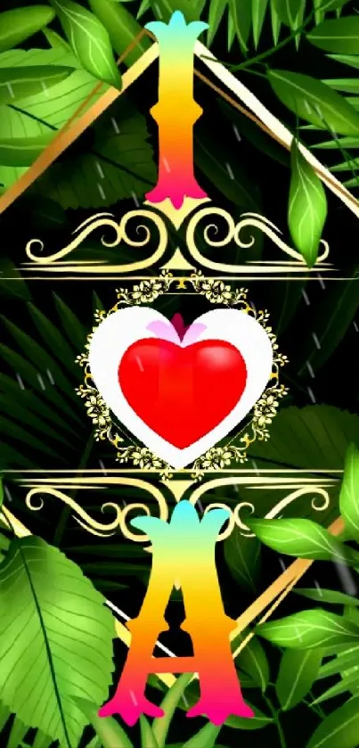 Vibrant heart with green leaves and golden accents.