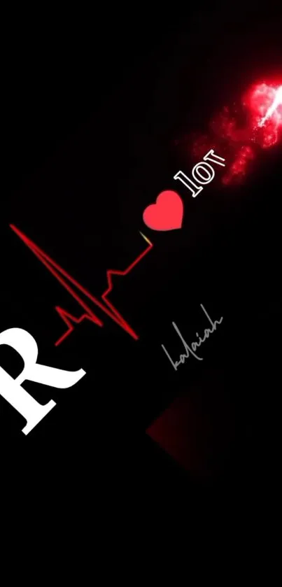 Mobile wallpaper with red heartbeat and glowing heart on dark background.