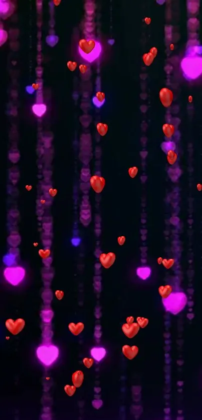 Mobile wallpaper with glowing purple lights and floating red hearts.