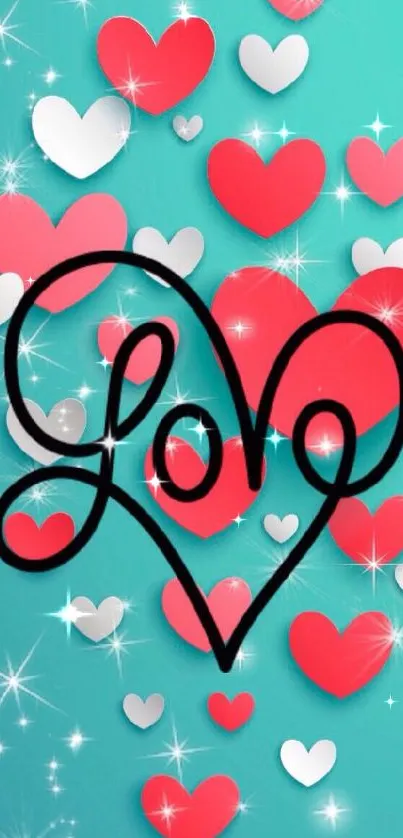 Heart-themed wallpaper with 'Love' text on teal background.