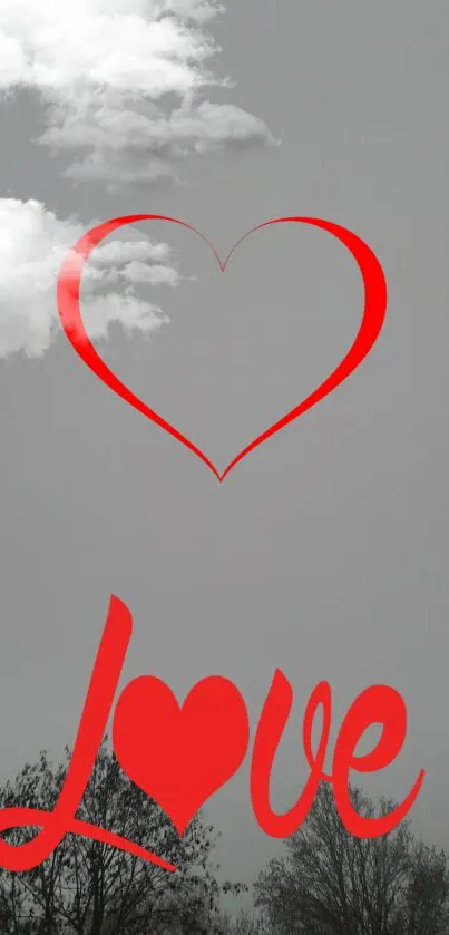 Romantic wallpaper with red heart and love text on a grey background with clouds.