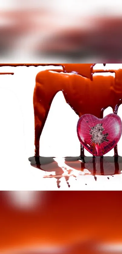 Red heart surrounded by dripping chocolate art on a white background.