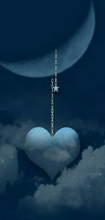 Heart hanging from the crescent moon in a serene night sky.