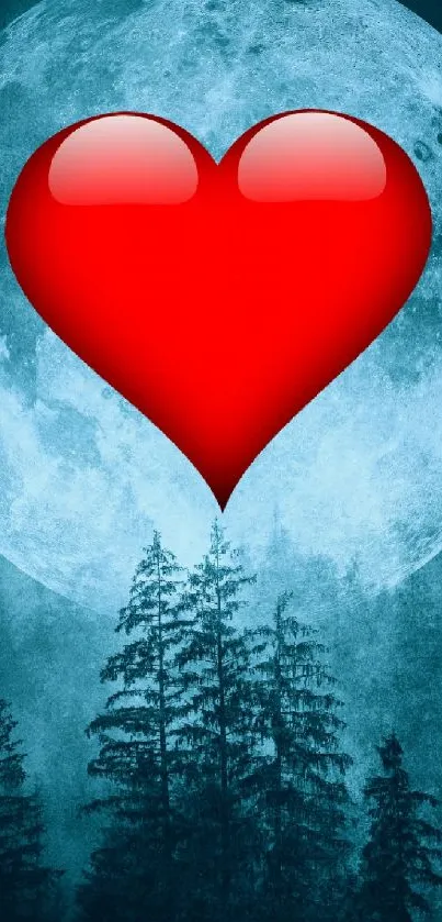 Red heart with full moon and trees in a blue night sky.