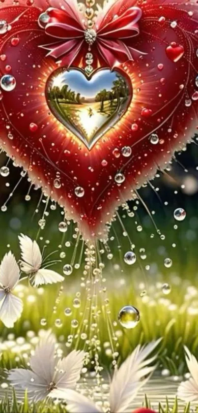 Heart-shaped fantasy wallpaper with nature and butterflies.