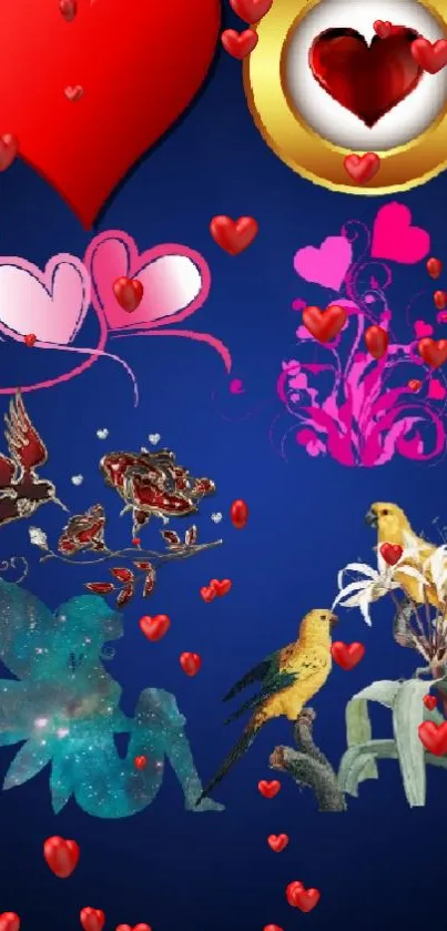 Mobile wallpaper with hearts, flowers, and birds on a dark blue background.