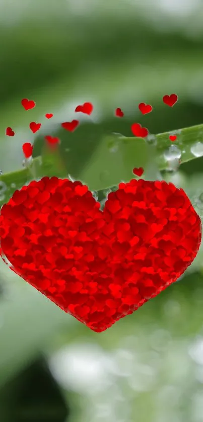 Red heart with small hearts on green leafy background.