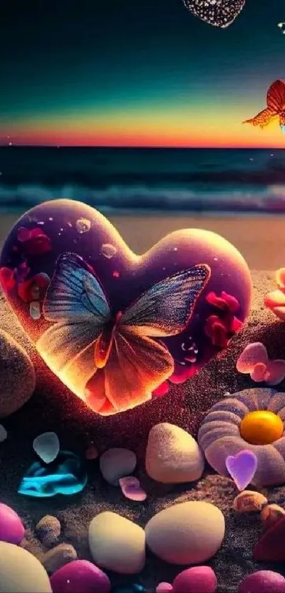 Heart and butterfly on sandy beach with vibrant colors at dawn.