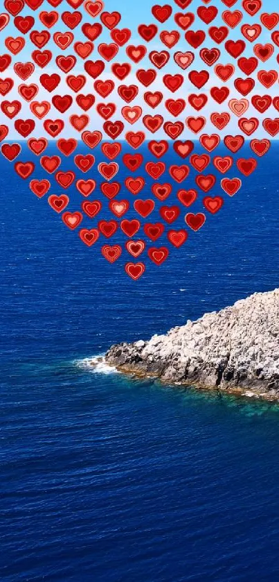 Mosaic red heart over a blue ocean with a lighthouse and clear sky.