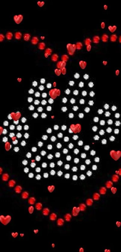 Heart and paw print made of dots on black background.