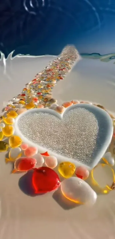 Heart-shaped sandy path with colorful pebbles in abstract style.