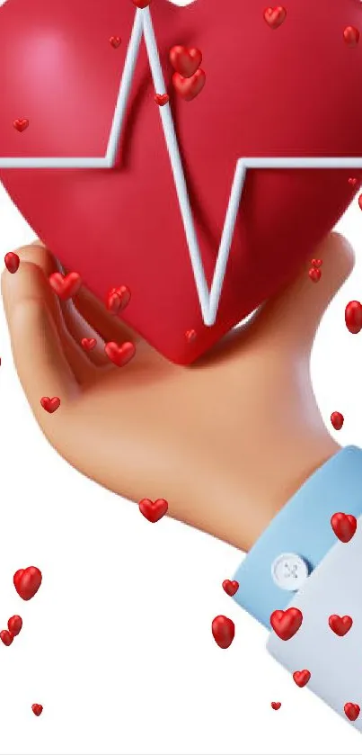 3D illustration of a heart with pulse line held in a hand.