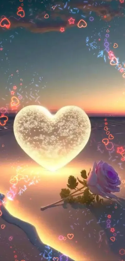 Romantic sunset wallpaper with glowing heart and rose on a beach.