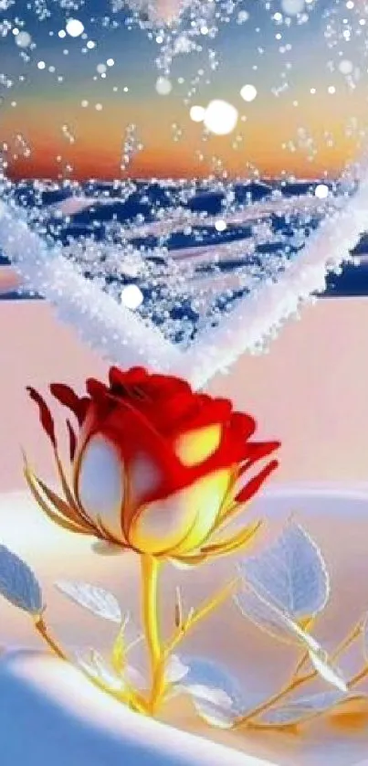 Fantasy art with heart ice and red rose.