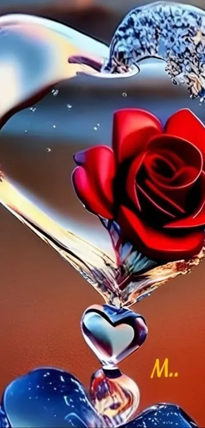 Heart-shaped glass encasing a vibrant red rose.