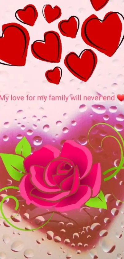 Vibrant wallpaper with red hearts and a pink rose symbolizing love and family.