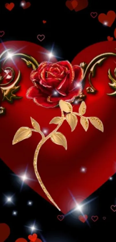 Red heart with rose and gold design wallpaper.