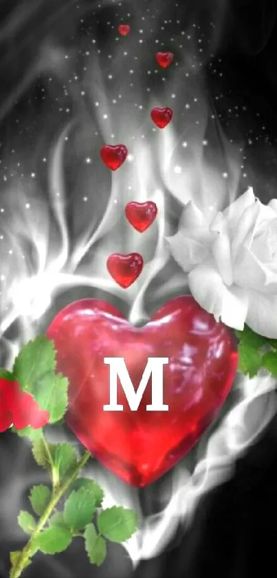 Mobile wallpaper with red heart, white rose, and letter M on a black background.