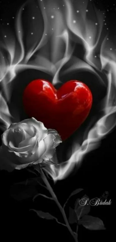 Red heart with white rose on dark background wallpaper.