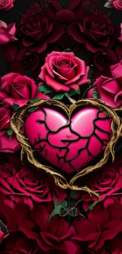 Wallpaper featuring a heart surrounded by red roses and vines.