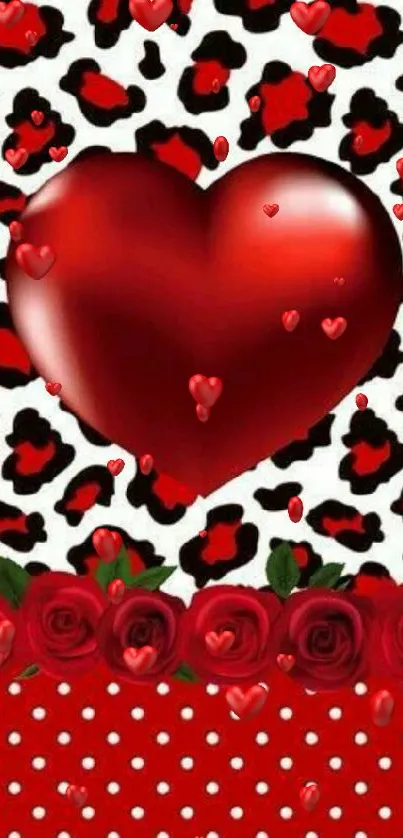 3D red heart with roses and animal print background wallpaper.